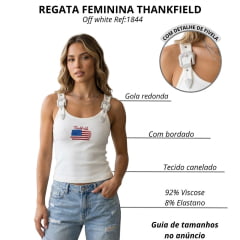 Regata Feminina Thankfield Com 2 Fivelas Prata Tecido Canelado Off White Logo Vermelho E Bandeira Ref:1844