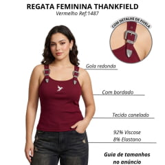 Regata Feminina Thankfield Com 2 Fivelas Prata Tecido Canelado Vermelho Vinho Com Bordado Prata Ref:1847