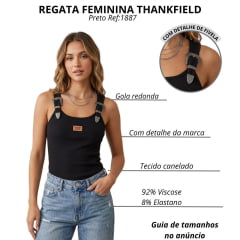 Regata Feminina Thankfield Com 2 Fivelas Preta E Cinza Tecido Canelado Preto Logo Em Couro Ref:1887