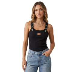 Regata Feminina Thankfield Com 2 Fivelas Preta E Cinza Tecido Canelado Preto Logo Em Couro Ref:1887 Regata Feminina Thankfield Com 2 Fivelas Preta E Cinza Tecido Canelado Preto Logo Em Couro Ref:1887