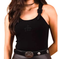 Regata Feminina Thankfield Com 2 Fivelas Preta Tecido Canelado Preto Logo Em Couro Ref:1886