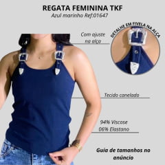 Regata Feminina Thankfield TKF Com 2 Fivelas Prata Tecido Canelado Azul Marinho Liso Ref:01647