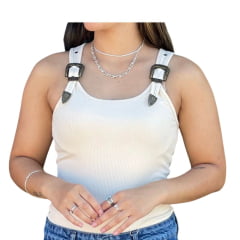 Regata Feminina Thankfield TKF Com 2 Fivelas Prata Tecido Canelado Off White Liso Ref:01644