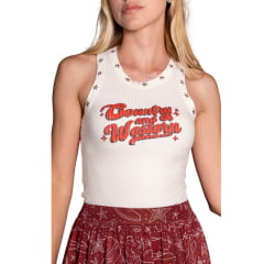 Regata Feminina Turkese Country Off White Malha Canelada Estampada Vermelho Bordado Estrelas Prata Ref:RC11507