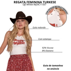 Regata Feminina Turkese Country Off White Malha Canelada Estampada Vermelho Bordado Estrelas Prata Ref:RC11507