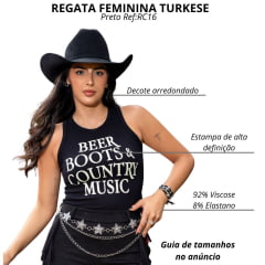 Regata Feminina Turkese Malha Canelada Beer And Boots Black Estampada Bege Ref:RC16