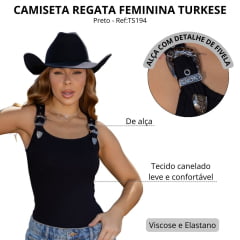 Regata Feminina Turkese Malha Canelada Buckle Black Alças Com Fivelas Ref:TS194