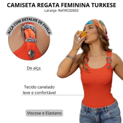 Regata Feminina Turkese Malha Canelada Buckle Laranja Alças Com Fivelas Ref:RC02602