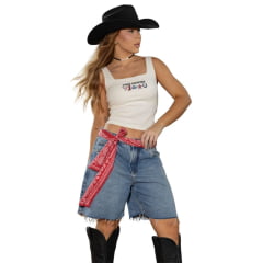 Regata Feminina Turkese Malha Canelada Gone Country Off White Bordado Colorido Ref: RC22