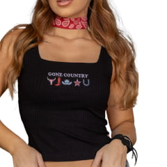 Regata Feminina Turkese Malha Canelada Gone Country Preto Bordado Colorido Ref: RC28