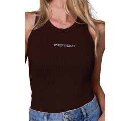 Regata Feminina Turkese Malha Canelada Marrom Bordada Western Branco Ref:RC04