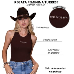 Regata Feminina Turkese Malha Canelada Marrom Bordada Western Branco Ref:RC04