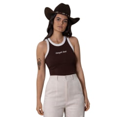 Regata Feminina Turkese Malha Canelada Marrom Bordado Cowgirl E Ribana Cru Ref:RC11503 Regata Feminina Turkese Malha Canelada Marrom Bordado Cowgirl E Ribana Cru Ref:RC11503