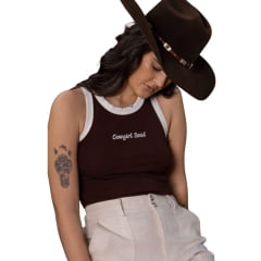 Regata Feminina Turkese Malha Canelada Marrom Bordado Cowgirl E Ribana Cru Ref:RC11503