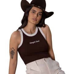 Regata Feminina Turkese Malha Canelada Marrom Bordado Cowgirl E Ribana Cru Ref:RC11503