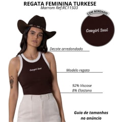 Regata Feminina Turkese Malha Canelada Marrom Bordado Cowgirl E Ribana Cru Ref:RC11503