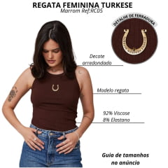 Regata Feminina Turkese Malha Canelada Marrom Café Horse Hoe Detalhe Ferradura Ref:RC05