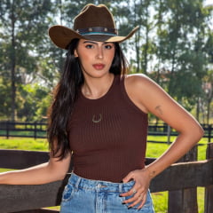 Regata Feminina Turkese Malha Canelada Marrom Café Horse Hoe Detalhe Ferradura Ref:RC05