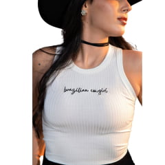 Regata Feminina Turkese Malha Canelada Off White Com Bordado Brazilian Cowgirl Em Preto Ref:RC13