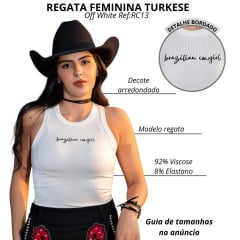 Regata Feminina Turkese Malha Canelada Off White Com Bordado Brazilian Cowgirl Em Preto Ref:RC13