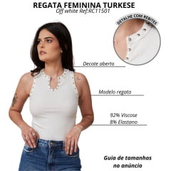 Regata Feminina Turkese Malha Canelada Off White Detalhe Gola Aberta E Tachinhas Prata Ref:RC11501