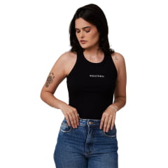 Regata Feminina Turkese Malha Canelada Preto Bordada Western Branco Ref:TS125