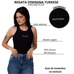 Regata Feminina Turkese Malha Canelada Preto Bordada Western Branco Ref:TS125