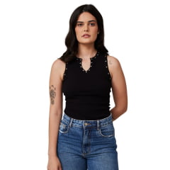 Camiseta Regata Feminina Turkese Malha Canelada Preto Carrie Detalhe Gola Aberta E Taxinhas Prata Ref:RC11502