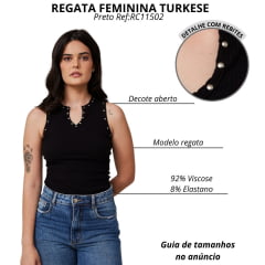 Regata Feminina Turkese Malha Canelada Preto Carrie Detalhe Gola Aberta E Tachinhas Prata Ref:RC11502