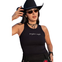 Regata Feminina Turkese Malha Canelada Preto Com Bordado Brazilian Cowgirl Em Branco Ref:RC14