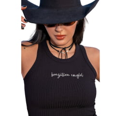 Regata Feminina Turkese Malha Canelada Preto Com Bordado Brazilian Cowgirl Em Branco Ref:RC14