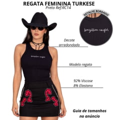 Regata Feminina Turkese Malha Canelada Preto Com Bordado Brazilian Cowgirl Em Branco Ref:RC14