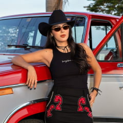 Regata Feminina Turkese Malha Canelada Preto Com Bordado Brazilian Cowgirl Em Branco Ref:RC14