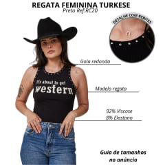 Regata Feminina Turkese Malha Canelada Preto Estampa Its About Western Em Cru E Detalhes Tachinhas Ref:RC20