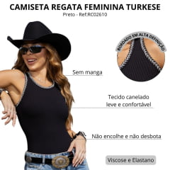 Regata Feminina Turkese Malha Canelada Preto Life Bordado Ref:RC02610