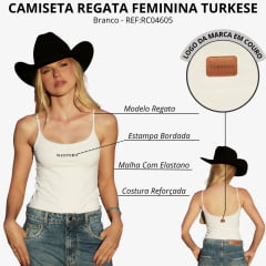 Regata Feminina Turkese Malha Branco Alças Logo Western Bordado Preto Perfect Fit REF:RC04605