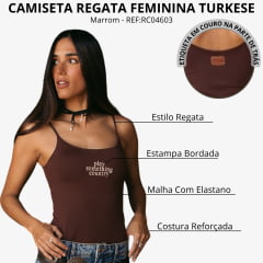 Regata Feminina Turkese Malha Marrom Alças Perfect Fit Country Estampa Branco REF:RC04603