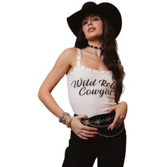 Regata Feminina Turkese R. C. Wild Rebel Black Off White Bordado Strass Prata Ref:RC06609 Regata Feminina Turkese R. C. Wild Rebel Black Off White Bordado Strass Prata Ref:RC06609