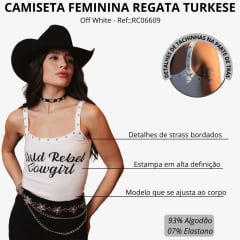 Regata Feminina Turkese R. C. Wild Rebel Black Off White Bordado Strass Prata Ref:RC06609