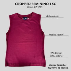 Camiseta Regata Cropped Feminina TXC Malha Custom Aplicada Com Plaquinha Vinho Básica Ref:5119