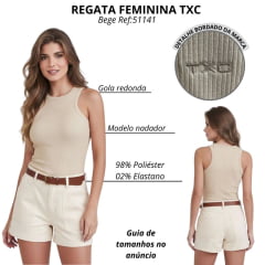 Regata Feminina TXC Nadador Malha Canelada Bege Com Logo Bordada Ref:51141