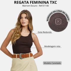 Regata Feminina TXC Slim Canelada Marrom Escuro Logo Bordado Ref:51140
