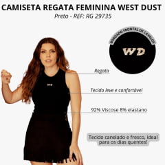 Camiseta Regata Feminina West Dust Bianca Preto Canelado Bordado Logo Com Brilho Ref: RG 29735