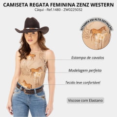 Camiseta Regata Feminina Zenz Western Clyde Kaqui Estampa Cavalos Ref:1480 - ZW0225032