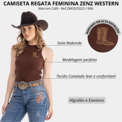Regata Feminina Zenz Western Fearless Marrom Café Bordado Bota Com Brilhos Ref:ZW032502-1566