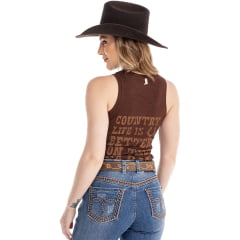 Regata Feminina Zenz Western Fearless Marrom Café Bordado Bota Com Brilhos Ref:ZW032502-1566