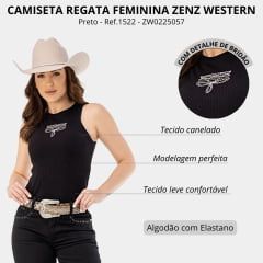 Camiseta Regata Feminina Zenz Western Giddy UP Malha Canelada Preto Bordado Florão Ref:1522 - ZW0225057