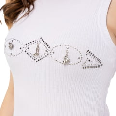 Camiseta Regata Feminina Zenz Western Laredo Malha Canelada Branca Bordado Strass e Pingentes Ref:1483 - ZW0225058