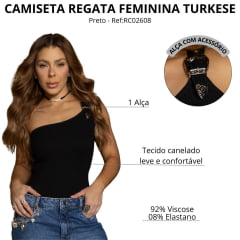 Regata Feminina Turkese Nula Manga Malha Canelada Lone Buckle Preto 1 Alça Com Fivela Ref: RC02608