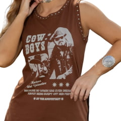 Regata Feminina Turkese Marrom Regatão Rip Estampada Com Tachinhas Ref: TS11510